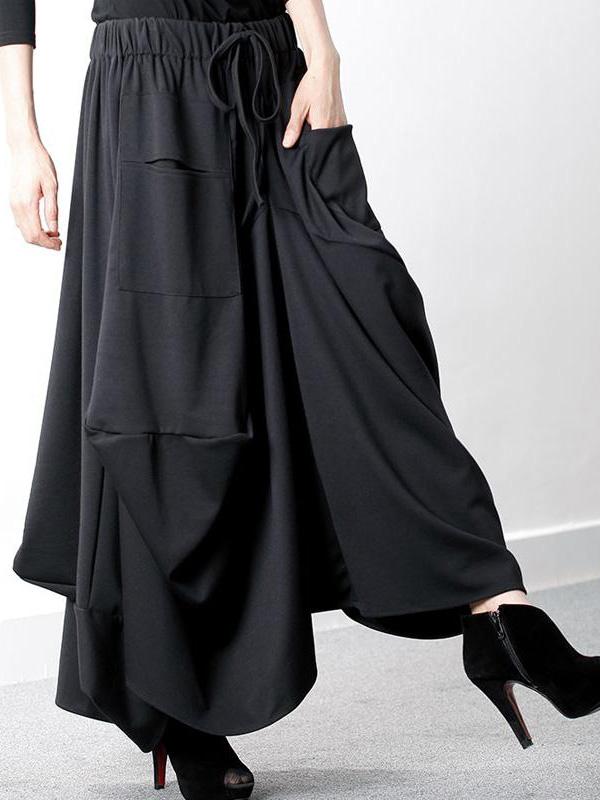 Loose Black Cropped A-line Split-joint Pants