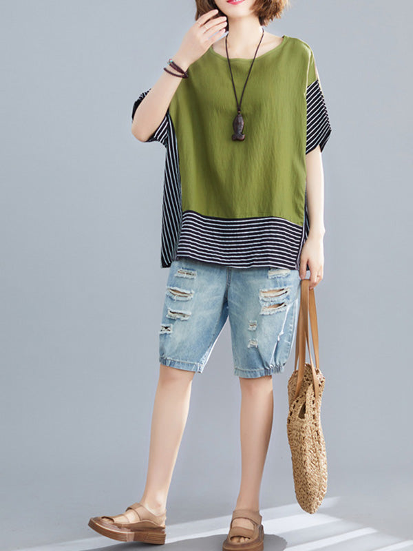 Vintage Ramie Cotton Striped Split-Joint Batwing Sleeves Round-Neck T-Shirt