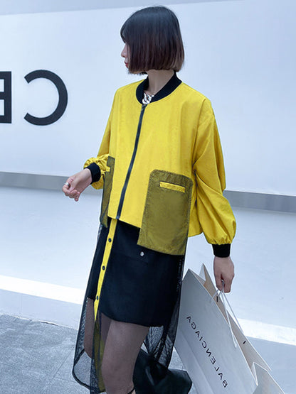 Stylish Split-Joint With Pocket Mesh Buttoned Stand Collar Long Sleeves Jacket Outwear