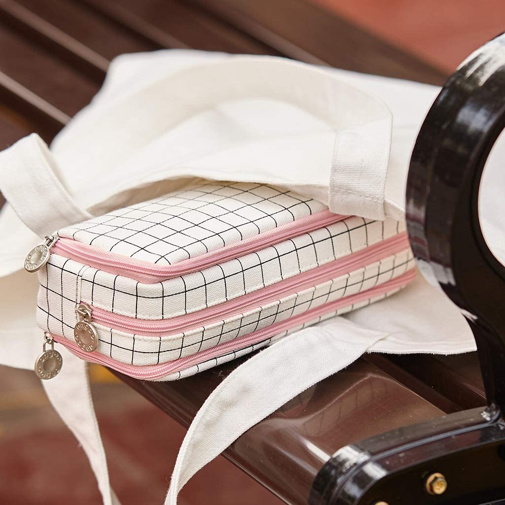 Large Pencil Case Big Capacity 3 Compartments Canvas Pencil Pouch for Teen Boys Girls School Students (Pink Strip Black Grid)