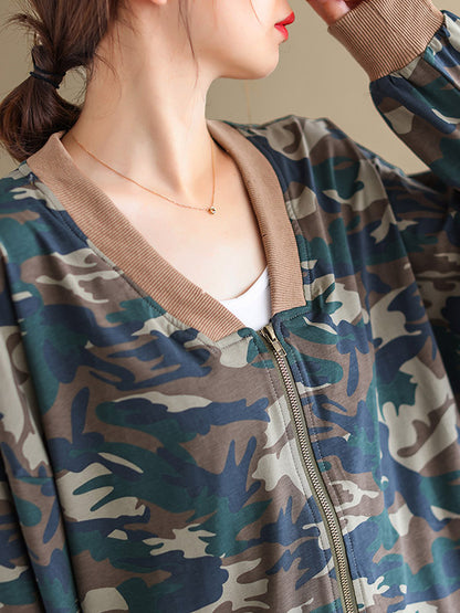 Casual Zipper V-Neck Camouflage Printed Long Sleeves Outerwear