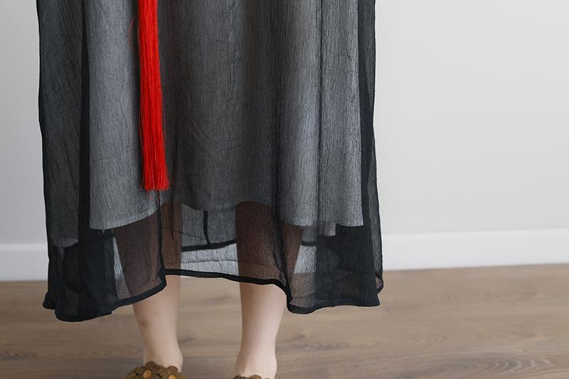 Black Summer Fake Two-piece Pockets Retro Tassel Dress