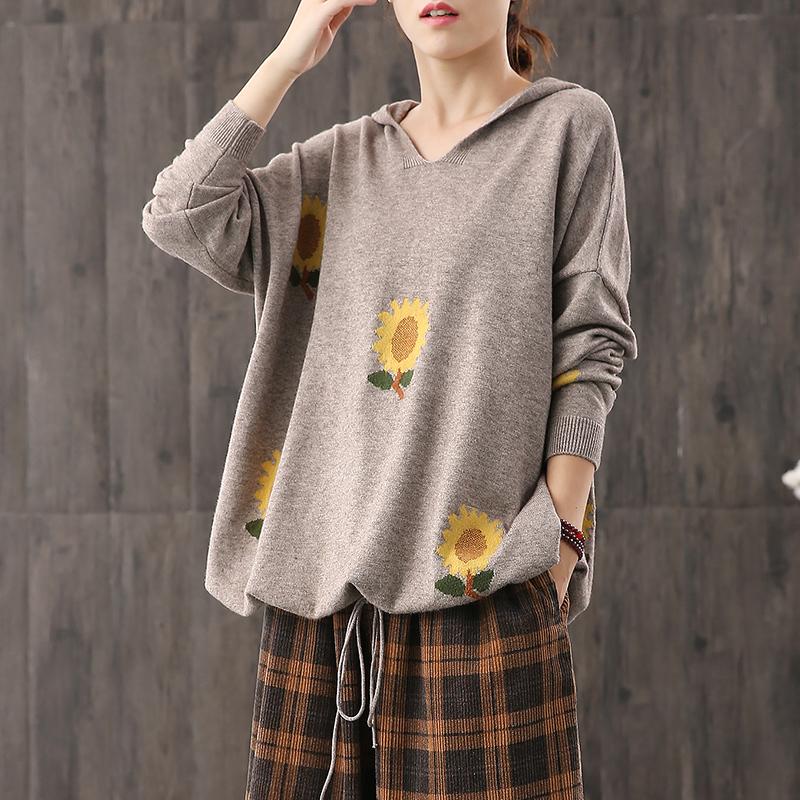 Buykud Casual Sunflower Adjustable Waist Hooded Sweater
