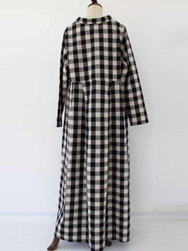 Artistic Retro Loose A-Line Plaid Stand Collar Long Sleeves Maxi Dress
