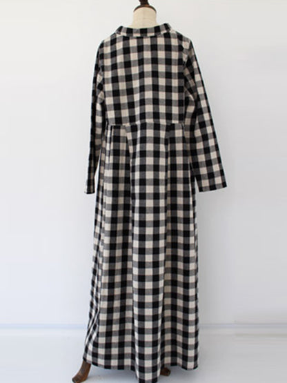 Artistic Retro Loose A-Line Plaid Stand Collar Long Sleeves Maxi Dress