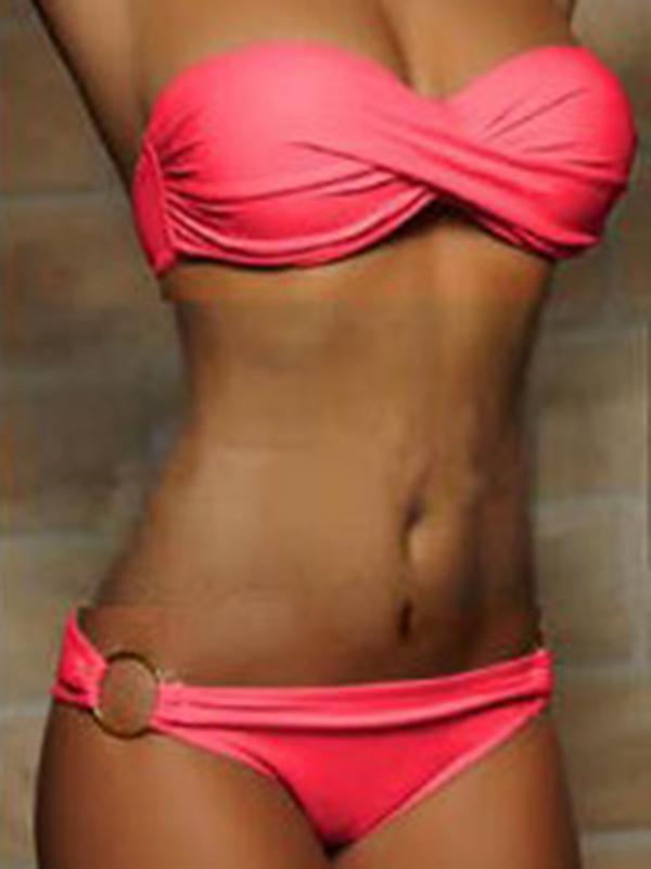 Solid Color Cross Bandeau Split Bikini Swimsuit
