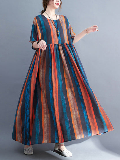 Original Loose Striped Contrast Color Pleated Midi Dress