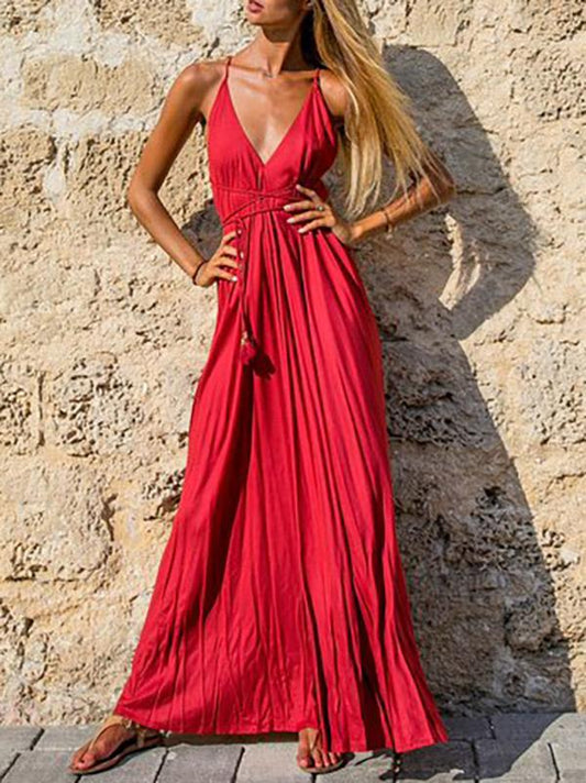 Red Backless Halter-neck Maxi Dress