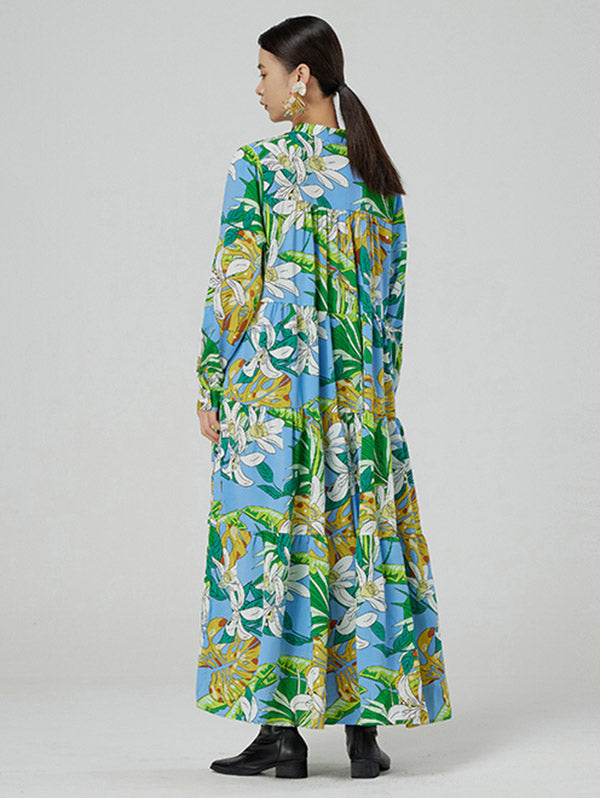 Vintage Floral Printed A-Line Long Sleeves Midi Dresses