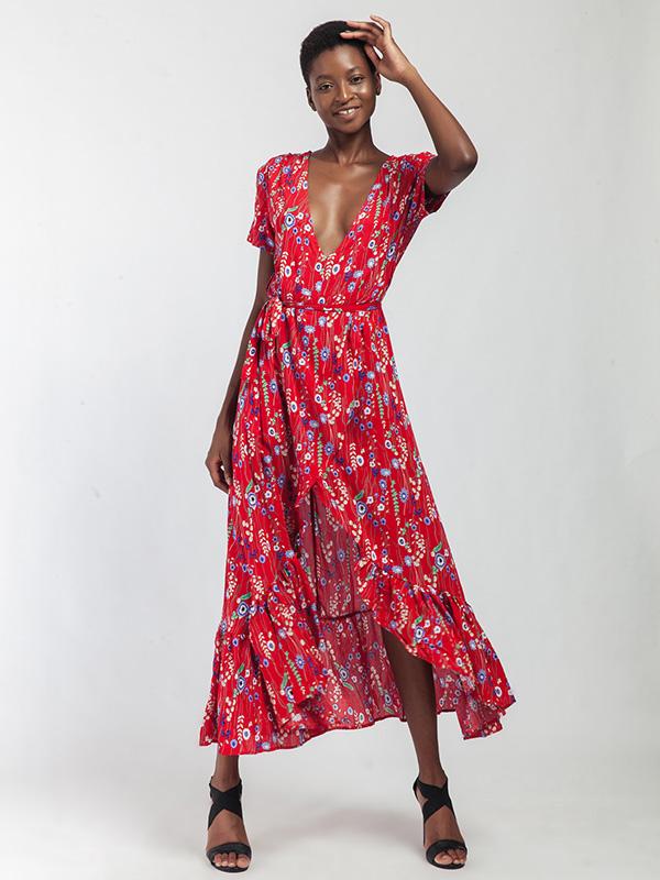 V-neck Floral Cut Irregular Hem Maxi Dress