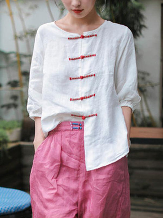 Casual Retro Linen Frog Blouses