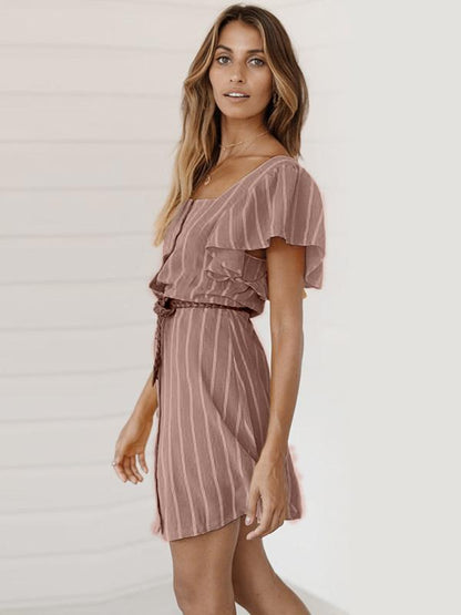 Square Collar Casual Stripped Mini Dress