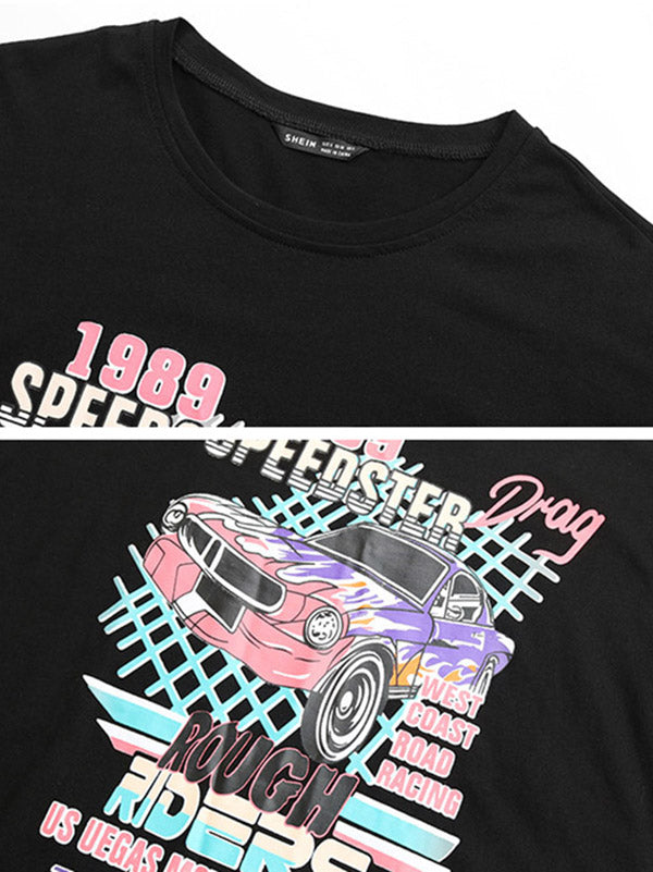 Casual Black Printed Round-Neck Short Sleeves T-Shirts