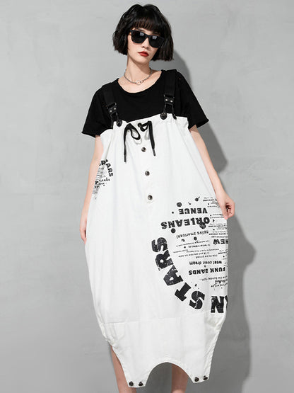 Casual Loose Letter Printed Drawstring Midi Dress