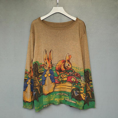 Buykud Cartoon Rabbit Printed Casual Knitted Shirt