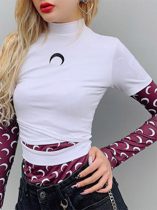 Printed High-neck Short Sleeve Tee&Tank