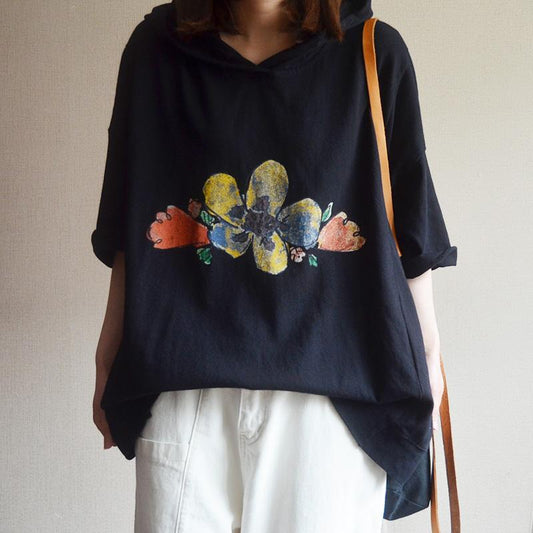 Cotton Print Loose Hooded Women Blouse