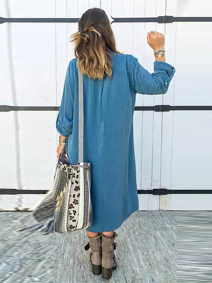 Bohemia Solid Color Shirt Midi Dress