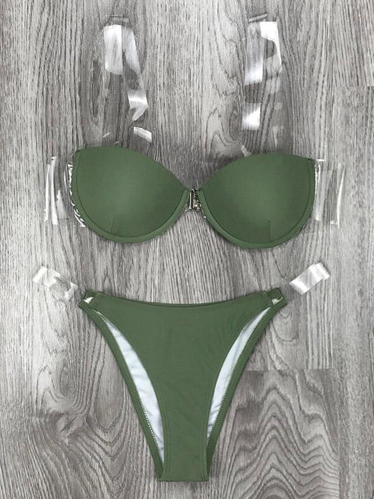 Solid Color See-Through Bandage Split Bikini Swimsuit