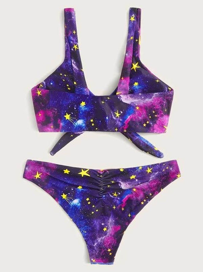 Starry Sky Print Knotted Split Bikini Swimsuit