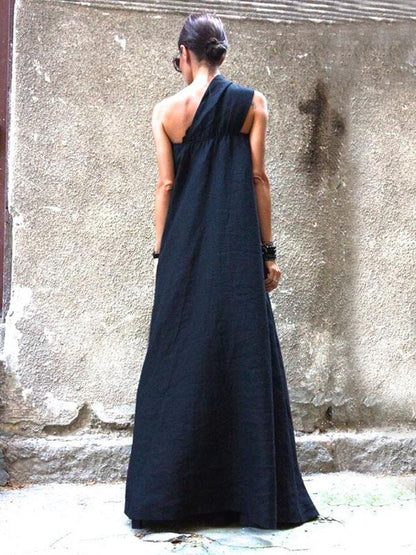 Navy Blue Split-joint Sleeveless Linen Dress
