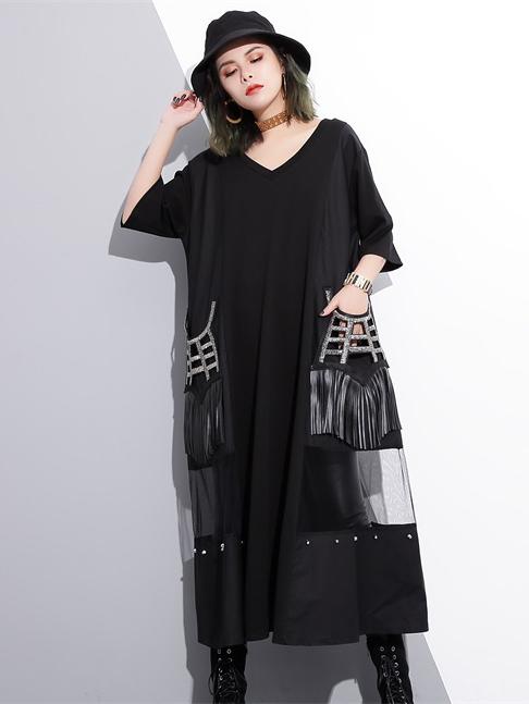 V-neck Split-joint Tasseled Shirt Midi Dresses