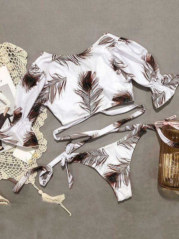 V-Neck Bandage Short Sleeves Printing Bikini Swimsuit