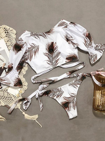 V-Neck Bandage Short Sleeves Printing Bikini Swimsuit