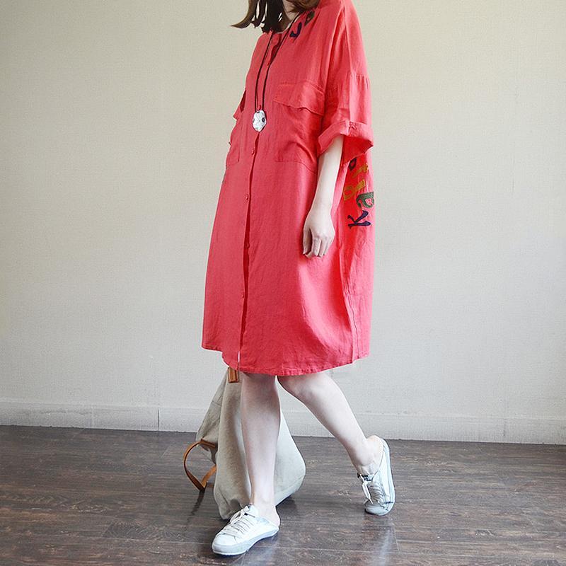 Casual Loose Letter Embroidery Midi Shirt Dress