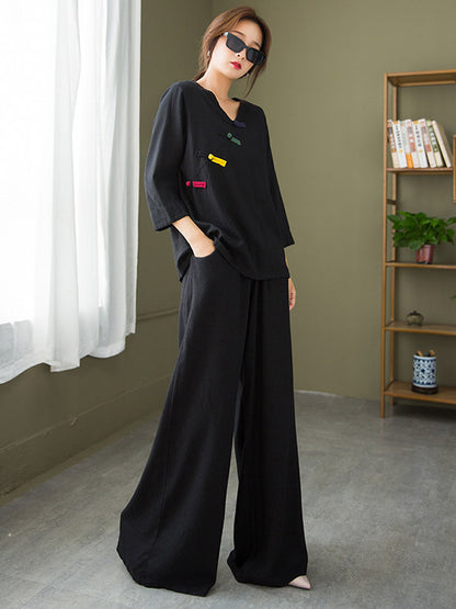 Original Casual Loose Linen Irregular Buttoned V-Neck Long Sleeves T-Shirt Tops&Wide Legs Casual Pants 2 Pieces Set