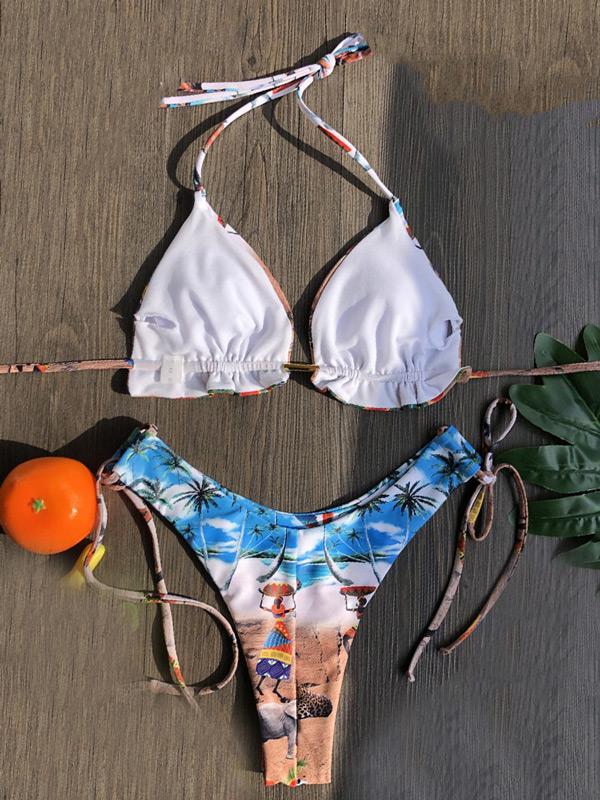 Retro Printed Bandage Split Bikini Swimsuit