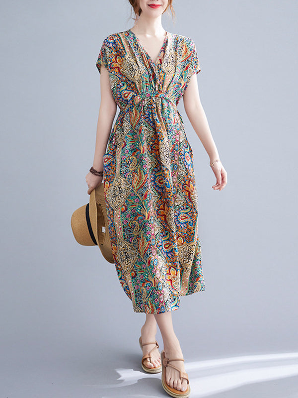 Original Artistic Retro Loose Floral Printed Vacation Midi Dress