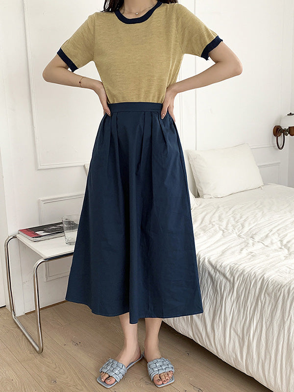 Casual Knitting Round-Neck Contrast Color T-Shirts Tops