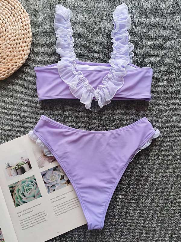 Ruffled Embellished Bandeau Split Bikini Swimsuit