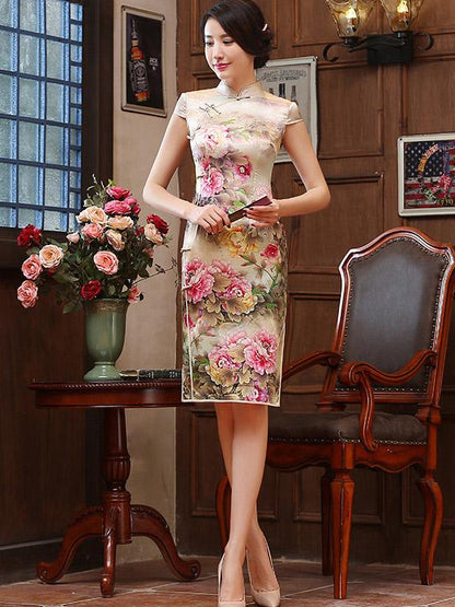 Peony-print Split-side Short Cheongsam Dress
