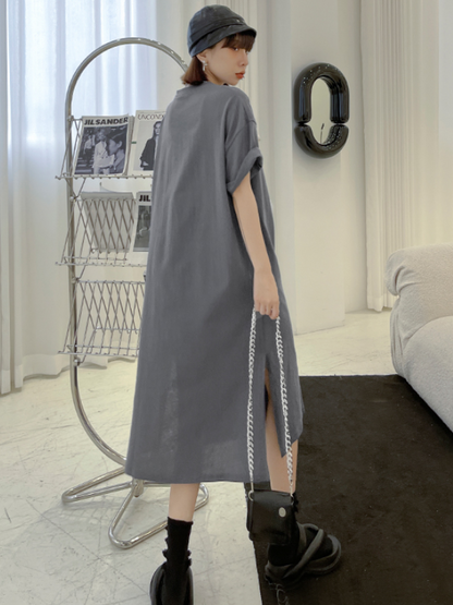 Casual Solid Color Printed Split-Side Short Sleeves H-Line Midi Dress