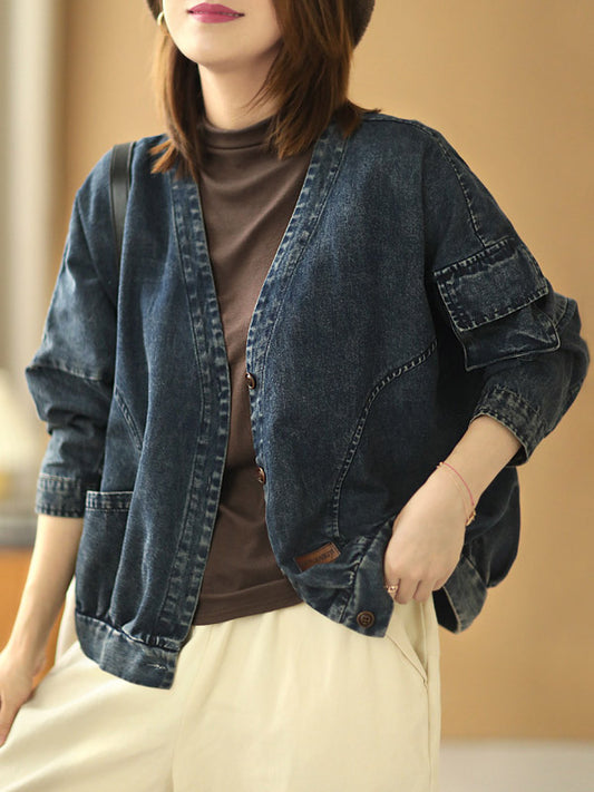 Casual Asymmetric V-Neck Buttoned Batwing Sleeve Jean Outerwear