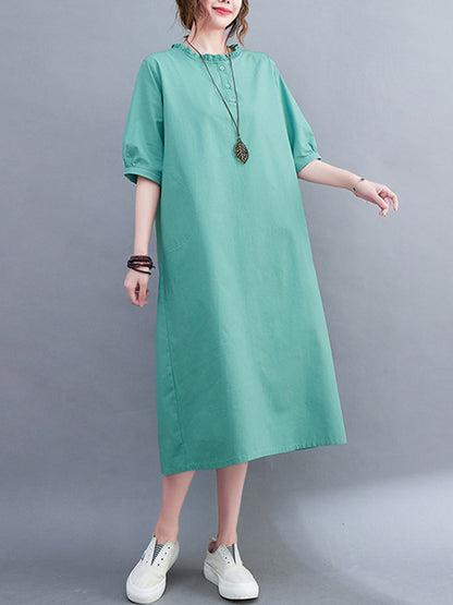 Simple Casual Artistic Retro Loose Solid Color Falbala Ramie Cotton Midi Dress