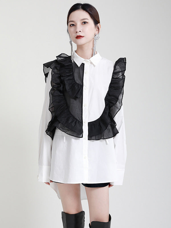 Stylish Irregular Contrast Color Split-Joint Falbala Mesh Drawstring Buttoned Lapel Collar Long Sleeves Blouse