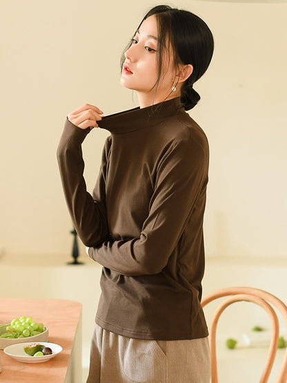 Simple Long Sleeves Elastics Solid Color High-Neck T-Shirts Tops
