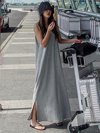 Gray Backless Sleeveless Split-side Long T-shirt Dress