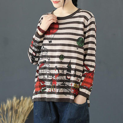 Buykud Stripes Cartoon Pullover Casual Knitted Shirt
