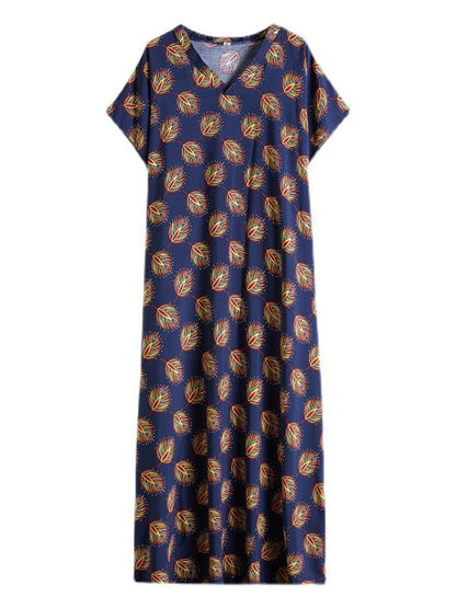 Vintage Printed V-Neck Batwing Short Sleeves Maxi Dress