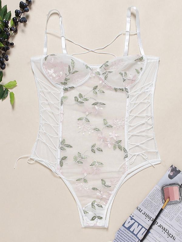 Sexy Bandage Embroidered Split-Joint Bodysuit Lingerie