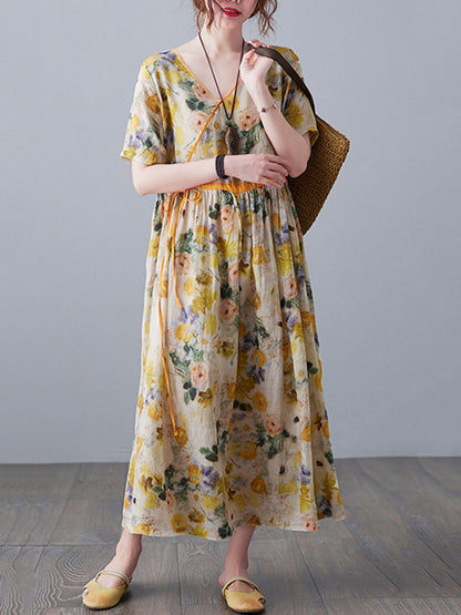 Original Artistic Retro Loose Tied Floral Printed Pleated V-Neck Short Sleeves Midi Dress