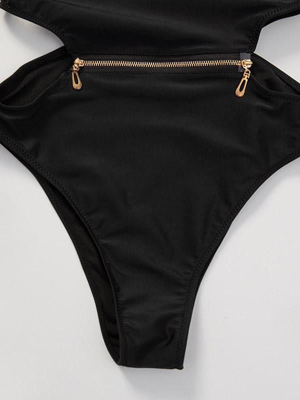 Zipper Hollow One-Piece Swimwear