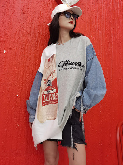 Stylish Contrast Color Letter Printed Round-Neck Batwing Sleeve Sweatshirts