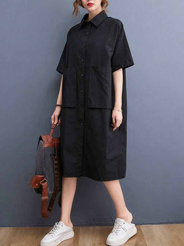 Original Solid Color With Pocket Lapel Shirt Dress