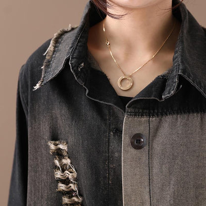 Buykud Letter Printed Hole Burr Casual Denim Dress