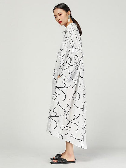 Original Ramie Cotton Printed Lapel Long Blouse Dress